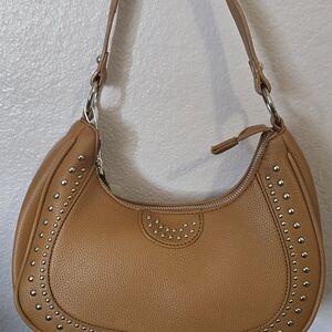 Tan Pebbled Studded Shoulder Bag for Women